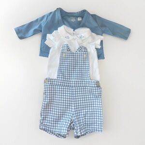 Ralph Lauren 3-Piece Blue Gingham Cotton Outfit Set Jacket Bodysuit Romper 0-3M
